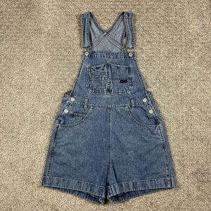 Vintage Squeeze Denim Overall Shorts Womens Medium Jean Romper 90s Button Front